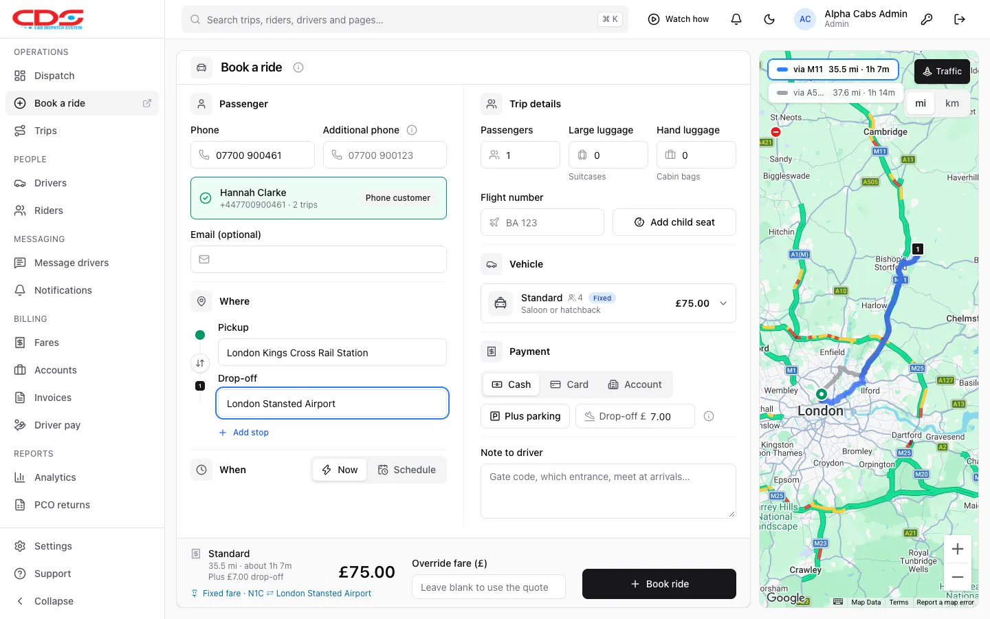 CDS Book a ride screen: a returning customer found by phone number, a trip from London Kings Cross to Stansted Airport on the map with live traffic, and a £75 fixed fare