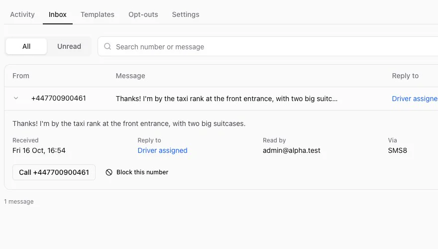 The CDS inbox with a customer's reply to a driver assigned text