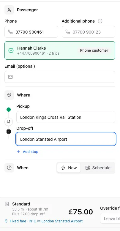 Book a ride with a fixed fare of £75 from Kings Cross to Stansted Airport